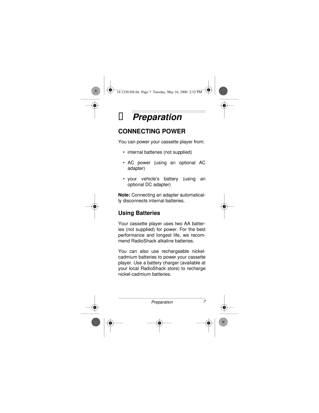 Radio Shack SCP-107 owner manual Preparation, Connecting Power, Using Batteries 