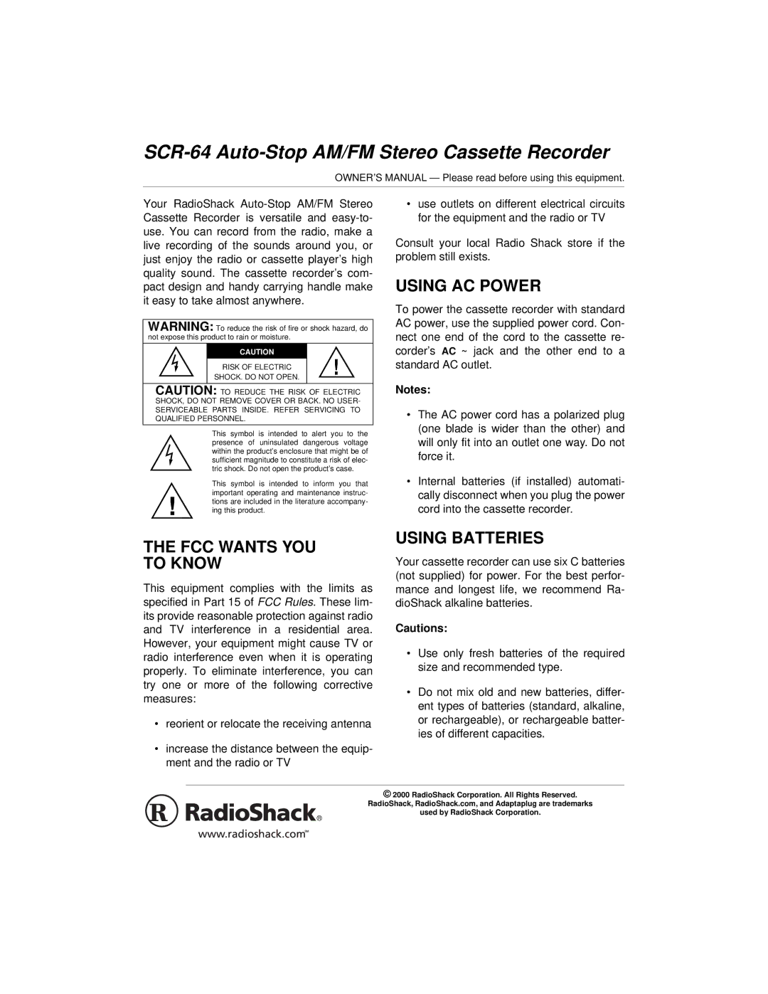 Radio Shack SCR-64 specifications FCC Wants YOU to Know, Using AC Power, Using Batteries 