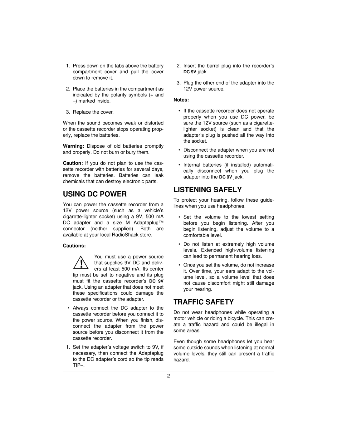 Radio Shack SCR-64 Using DC Power, Listening Safely, Traffic Safety, Insert the barrel plug into the recorder’s DC 9V jack 