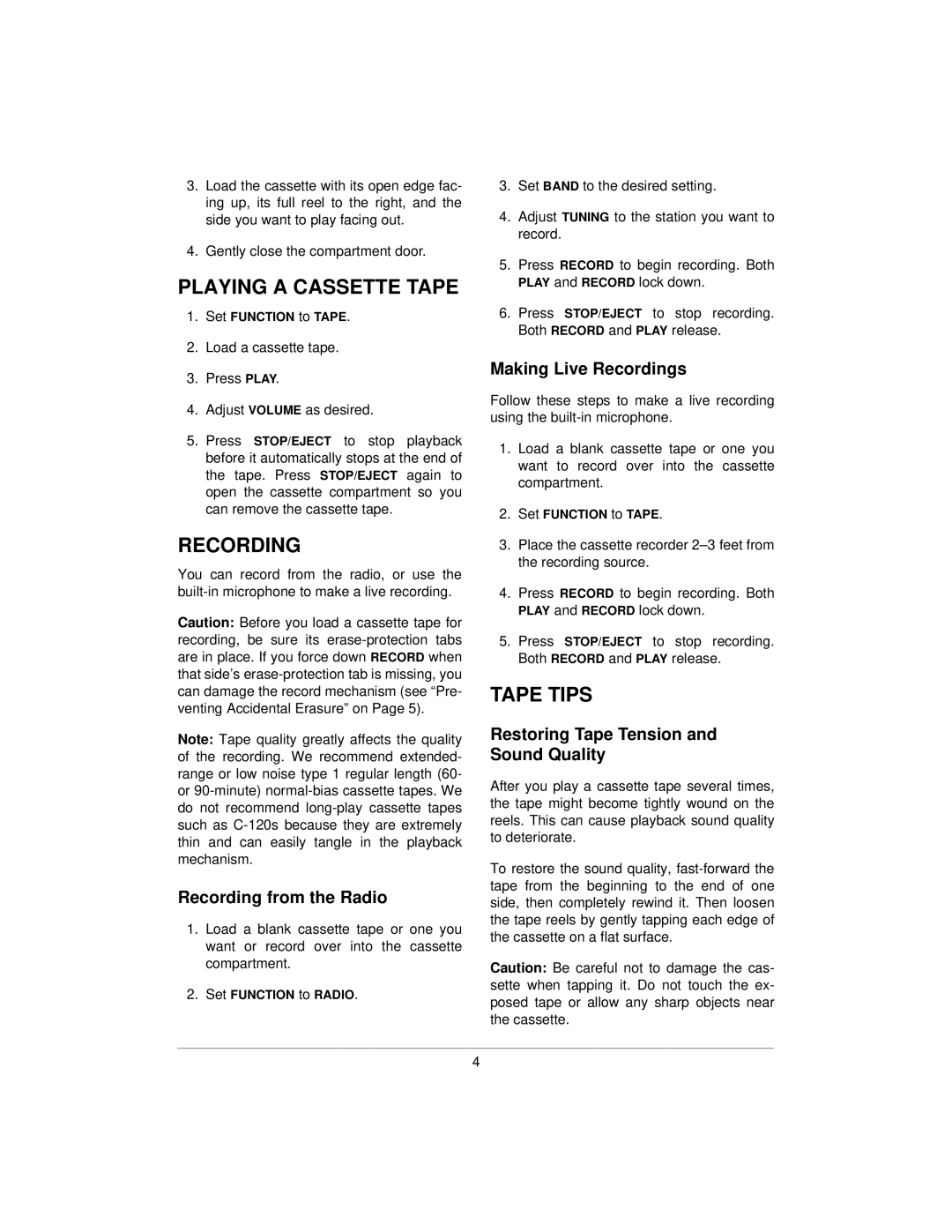 Radio Shack SCR-64 specifications Playing a Cassette Tape, Recording, Tape Tips 