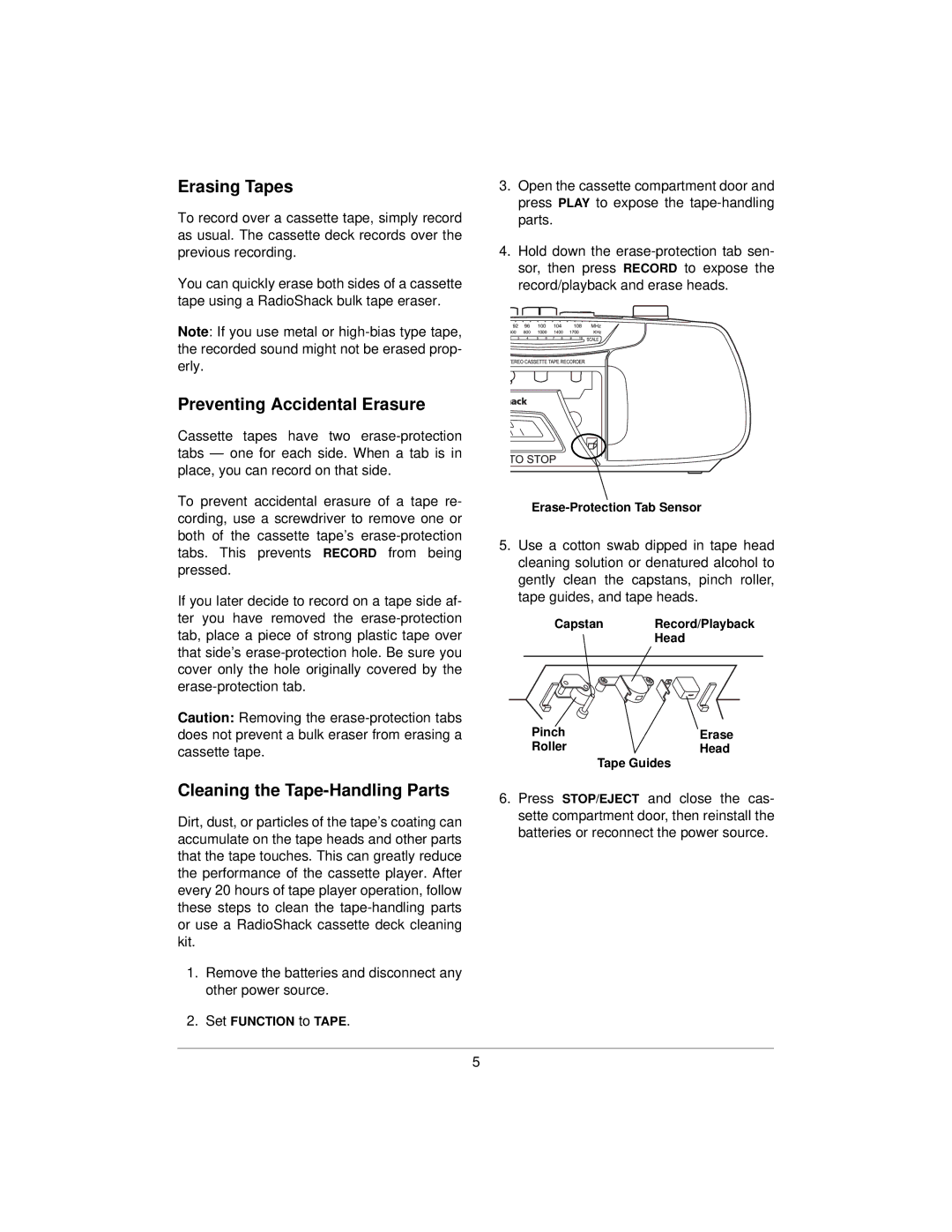 Radio Shack SCR-64 specifications Erasing Tapes, Preventing Accidental Erasure, Cleaning the Tape-Handling Parts 