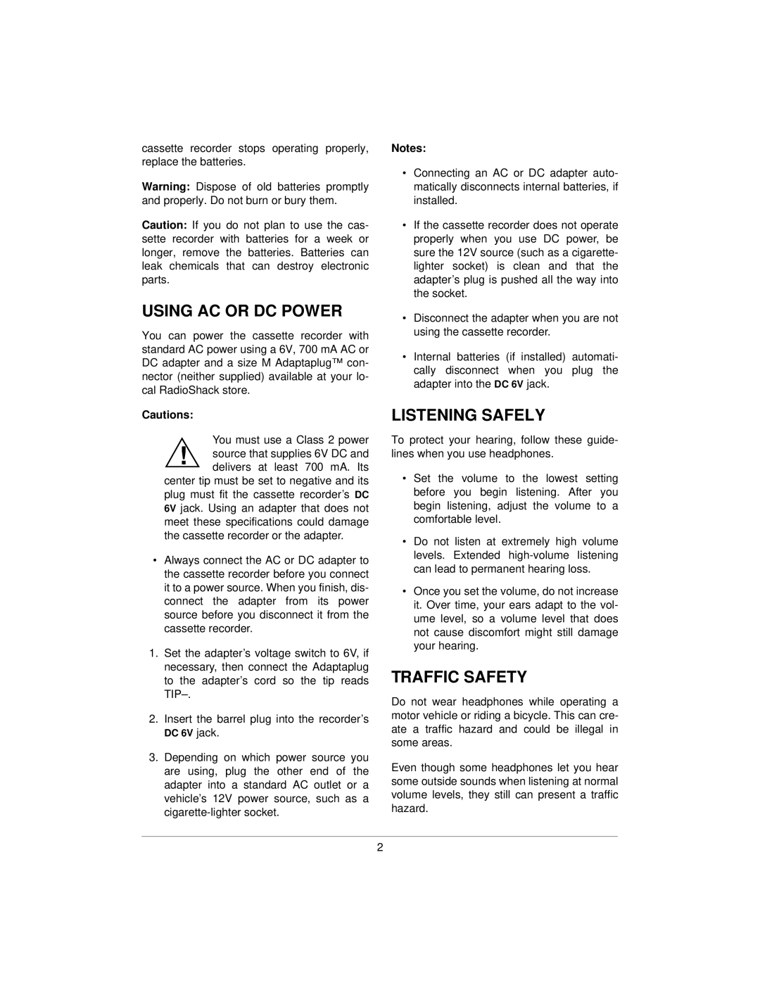 Radio Shack SCR-65 specifications Using AC or DC Power, Listening Safely, Traffic Safety 