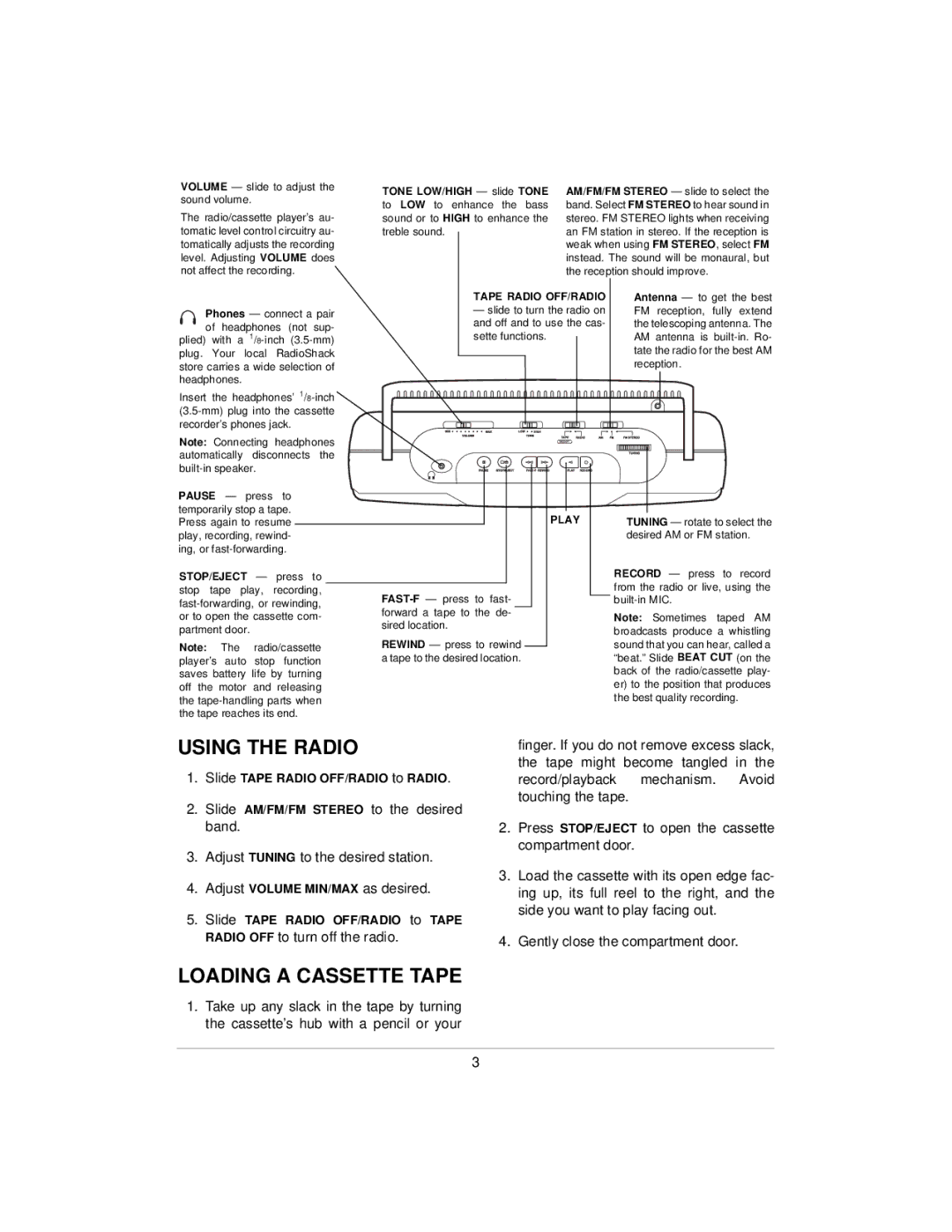 Radio Shack SCR-65 specifications Using the Radio, Loading a Cassette Tape, Slide Tape Radio OFF/RADIO to Radio 