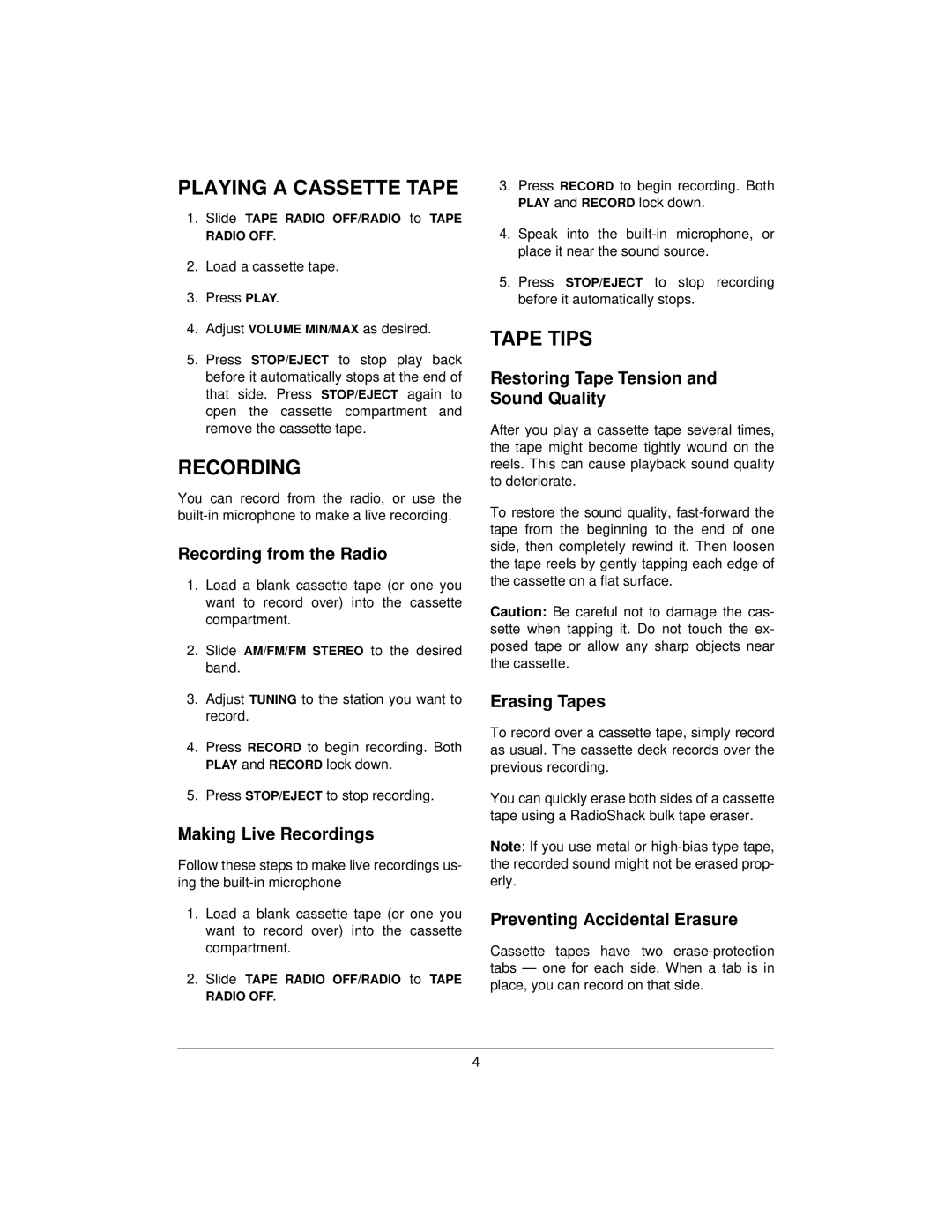 Radio Shack SCR-65 specifications Playing a Cassette Tape, Recording, Tape Tips 