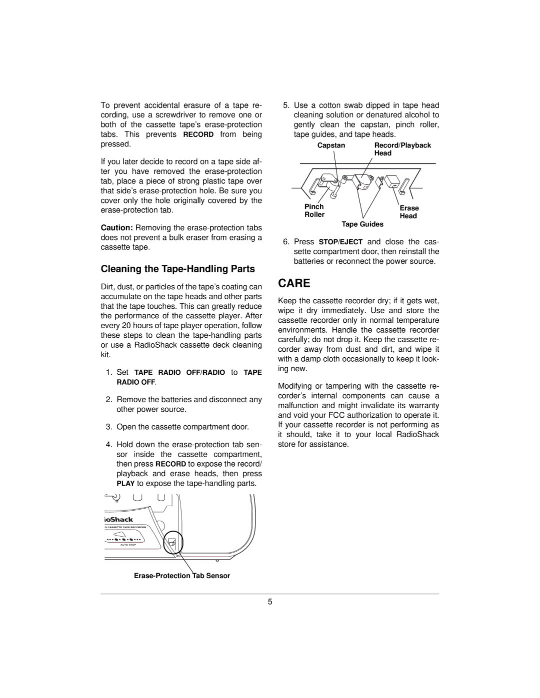 Radio Shack SCR-65 specifications Care, Cleaning the Tape-Handling Parts 