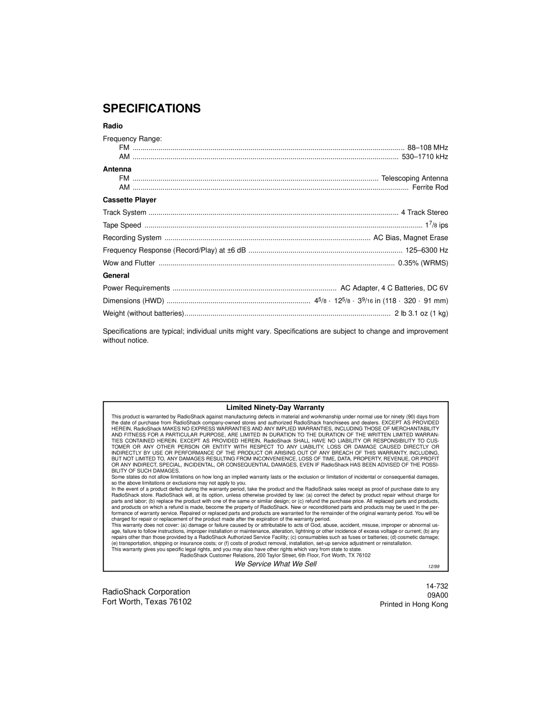 Radio Shack SCR-65 specifications Specifications 