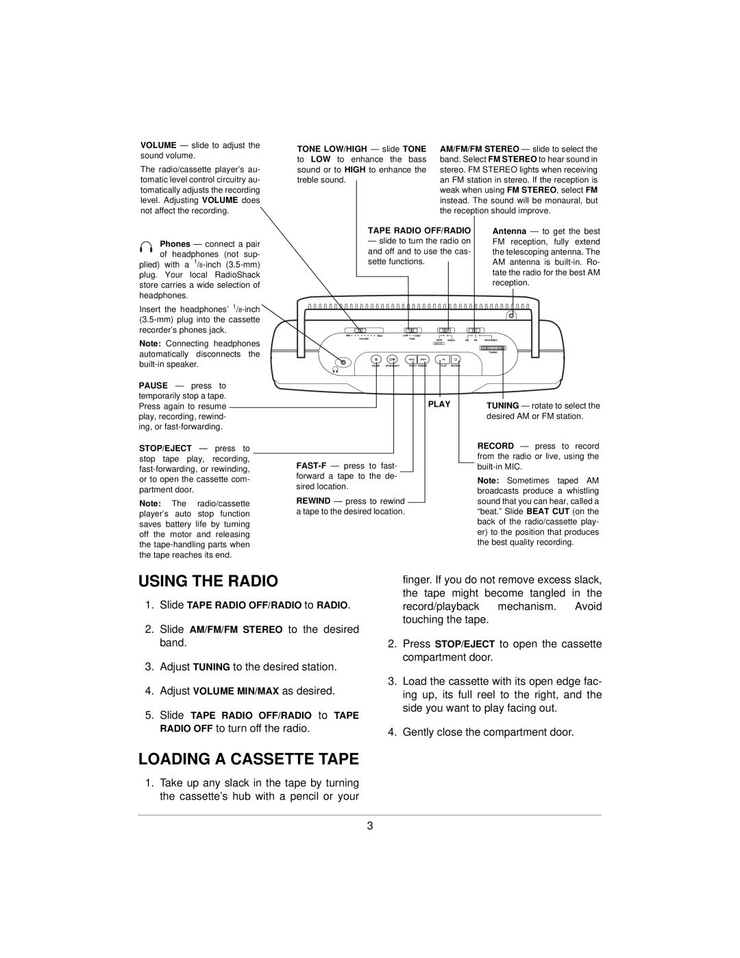 Radio Shack SCR-65 specifications Using The Radio, Loading A Cassette Tape 