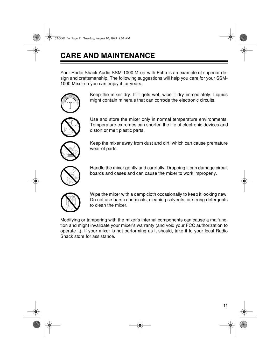 Radio Shack 32-3001, SM-1000 owner manual Care and Maintenance 