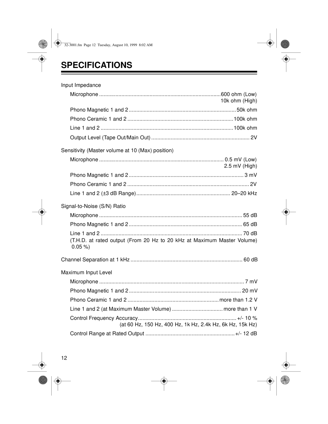 Radio Shack SM-1000, 32-3001 owner manual Specifications, +/- 12 dB 