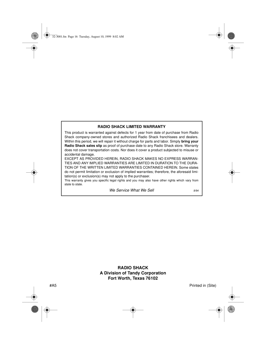 Radio Shack SM-1000, 32-3001 owner manual Radio Shack 