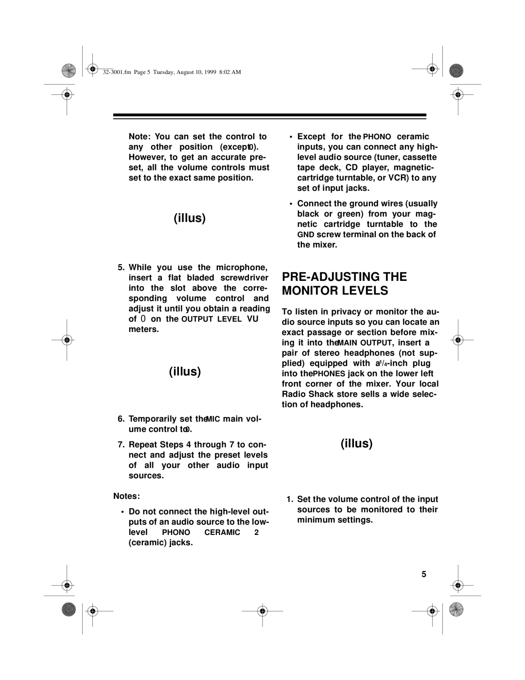 Radio Shack 32-3001, SM-1000 owner manual PRE-ADJUSTING the Monitor Levels 