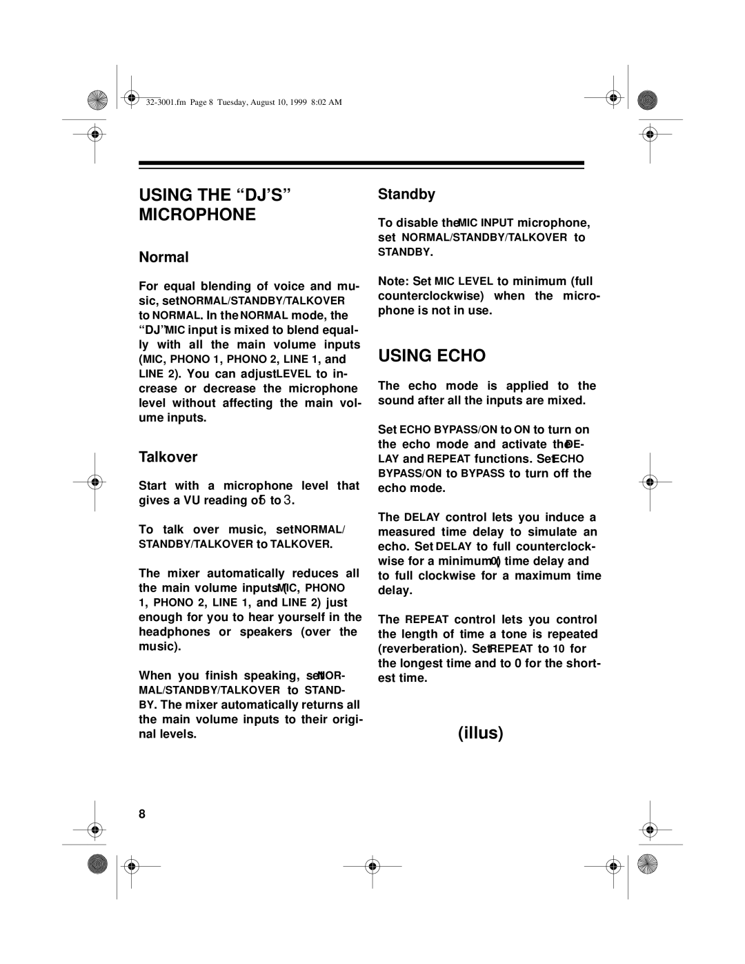 Radio Shack SM-1000, 32-3001 owner manual Using the DJ’S Microphone, Using Echo 