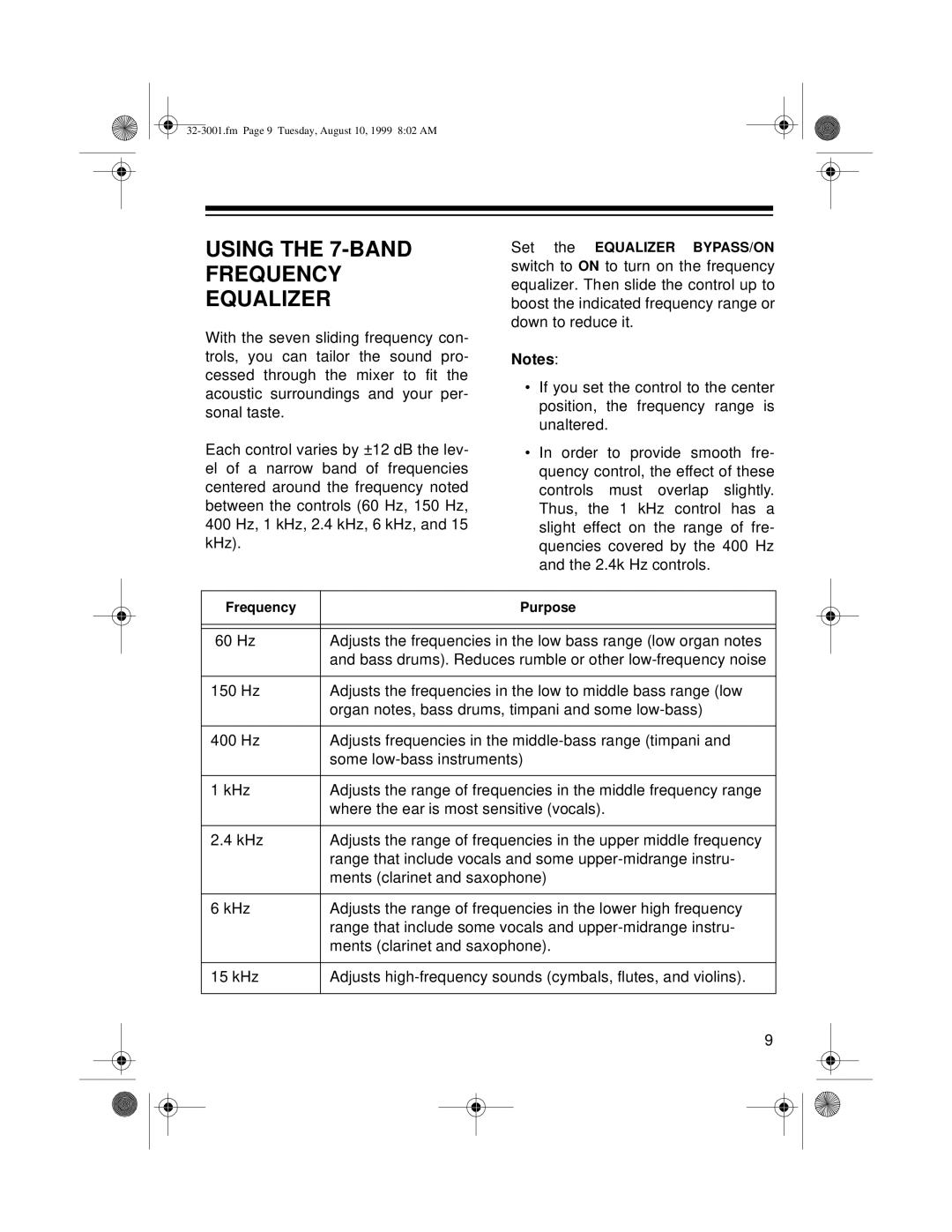 Radio Shack 32-3001, SM-1000 owner manual Using the 7-BAND Frequency Equalizer 