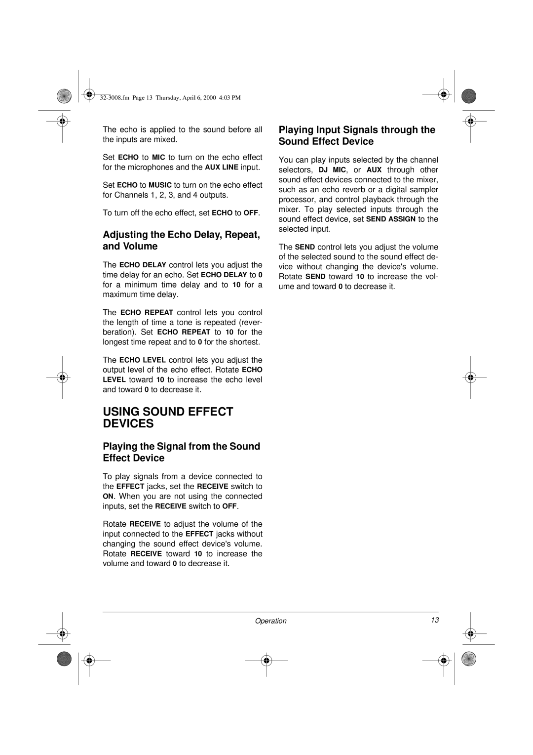 Radio Shack SSM-1750 owner manual Using Sound Effect Devices, Adjusting the Echo Delay, Repeat, and Volume 