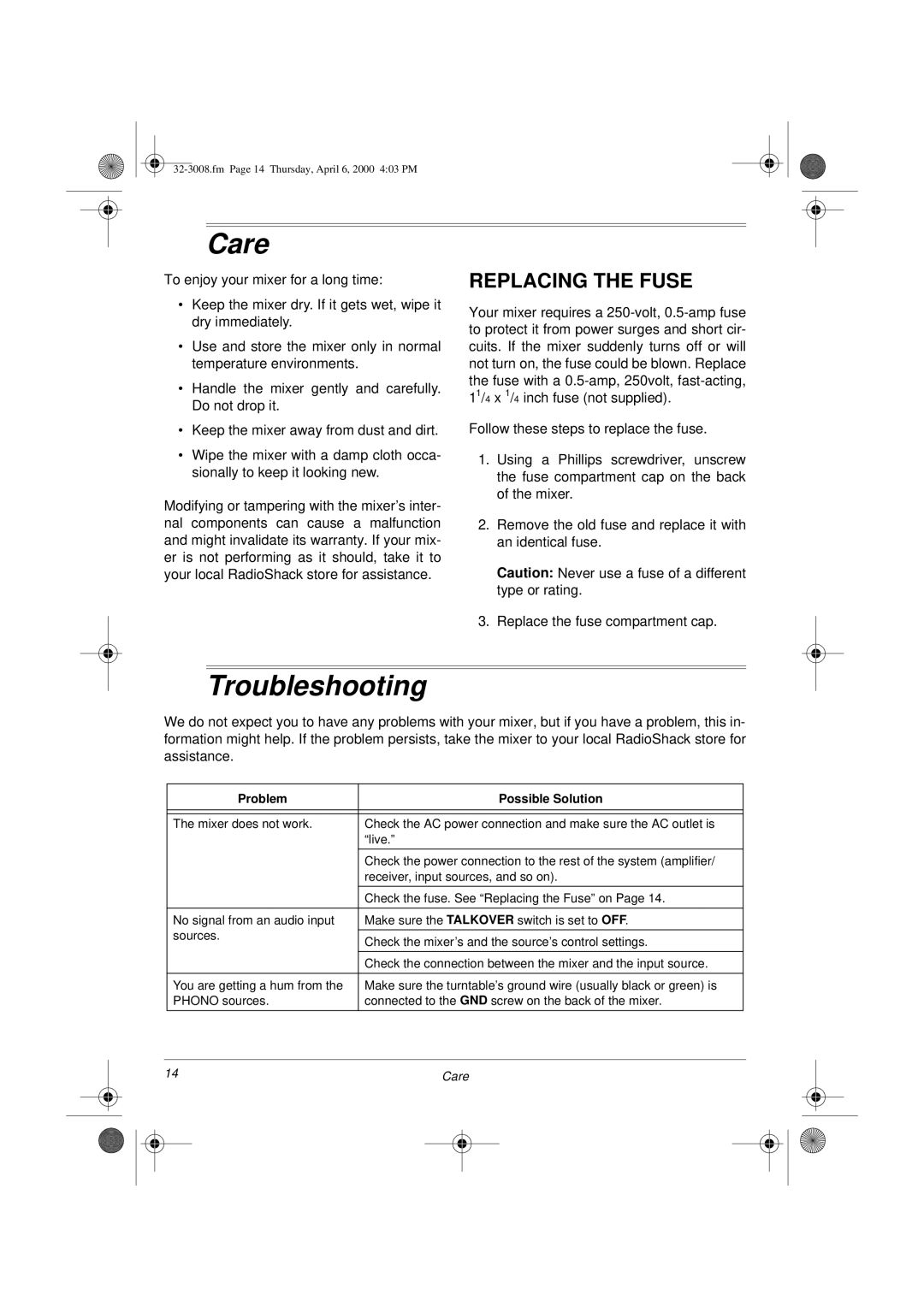 Radio Shack SSM-1750 owner manual Care, Troubleshooting, Replacing the Fuse 