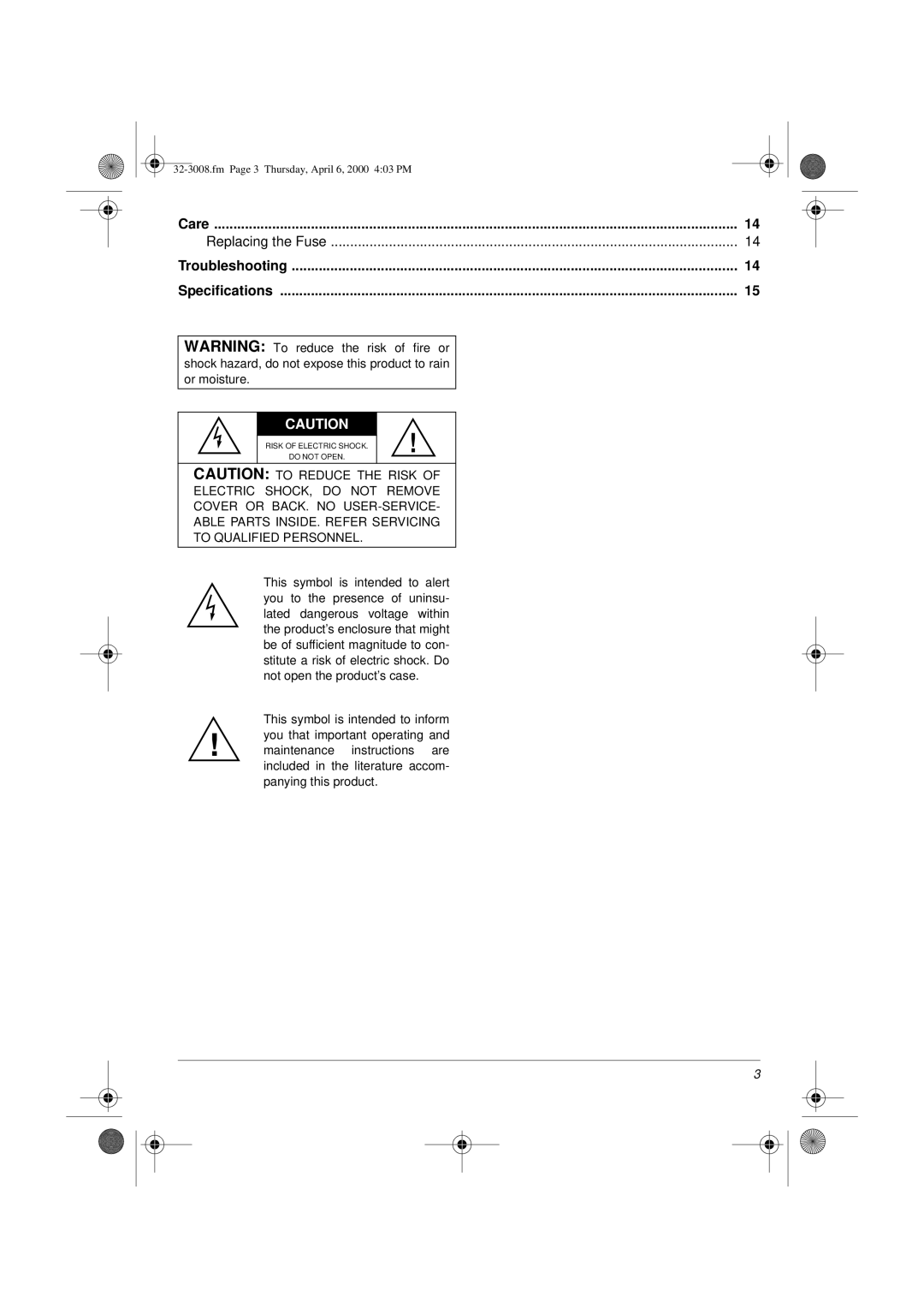 Radio Shack SSM-1750 owner manual Care Replacing the Fuse Troubleshooting Specifications 