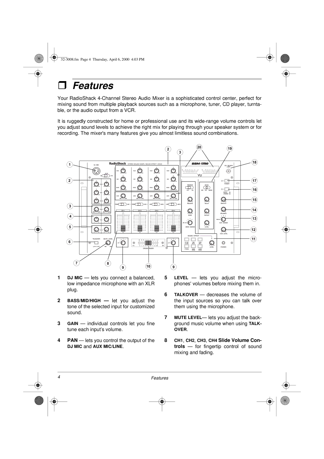 Radio Shack SSM-1750 owner manual Features 