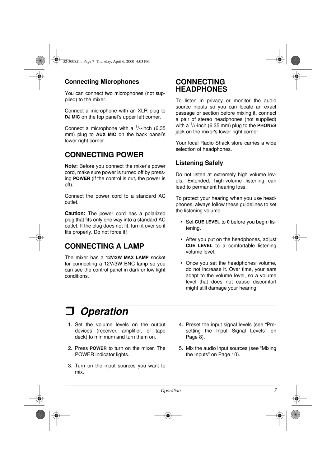 Radio Shack SSM-1750 owner manual Operation, Connecting Power, Connecting a Lamp, Connecting Headphones 