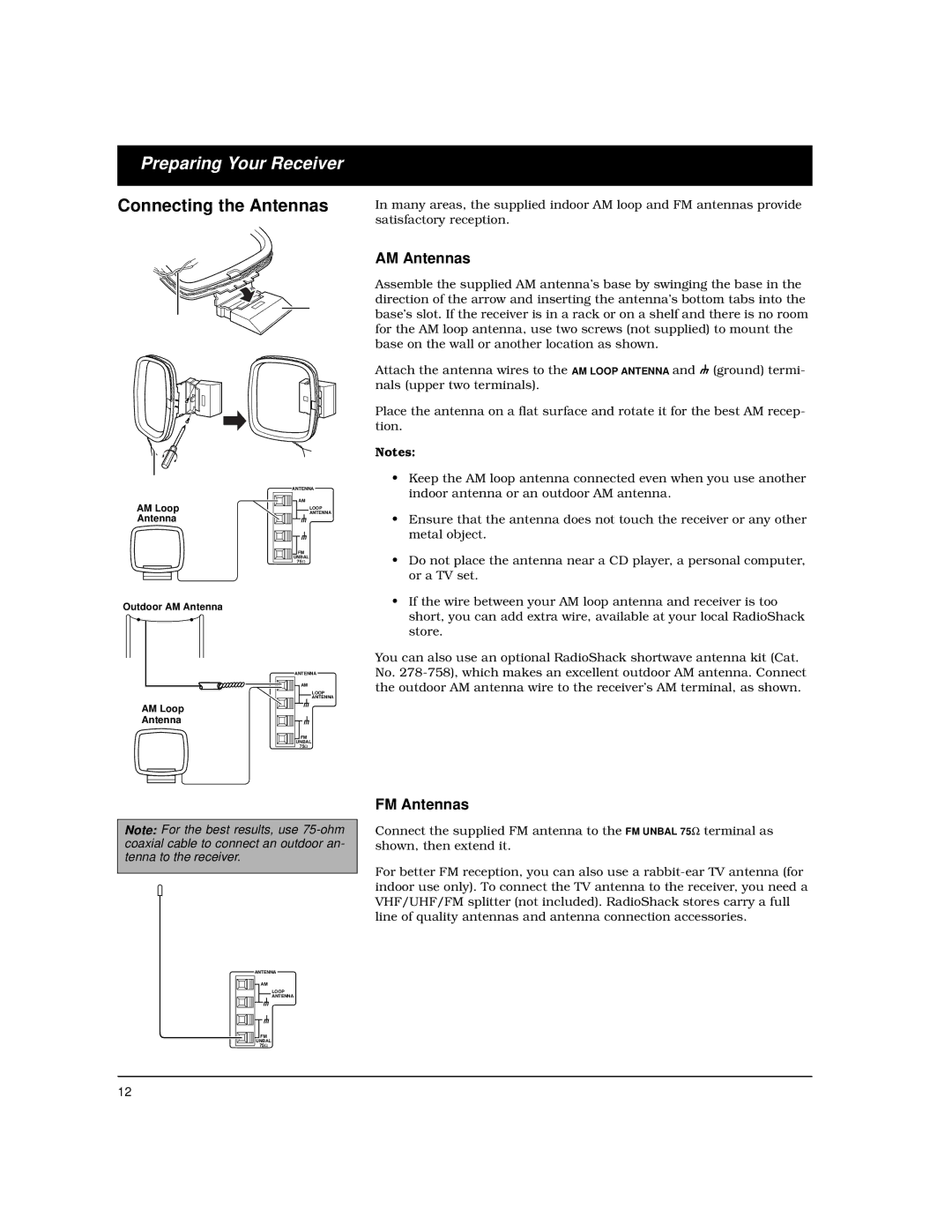 Radio Shack STAV-3780 owner manual Connecting the Antennas, AM Antennas, FM Antennas 