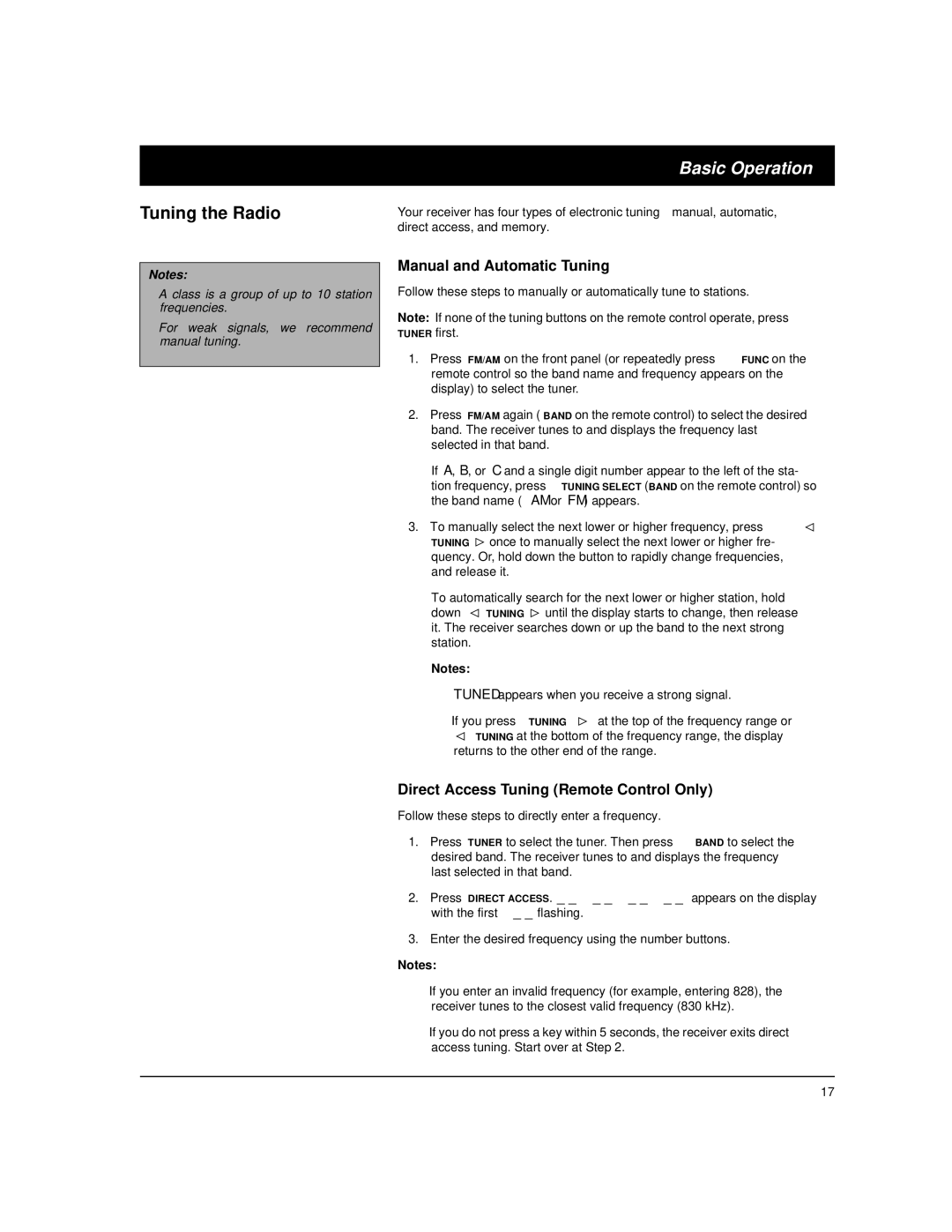 Radio Shack STAV-3780 owner manual Basic Operation, Tuning the Radio, Manual and Automatic Tuning 