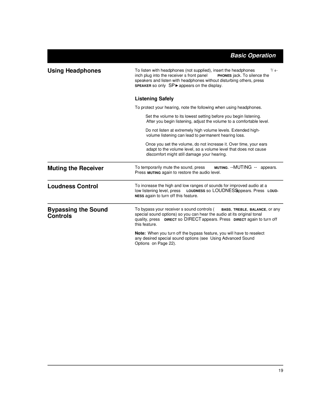 Radio Shack STAV-3780 owner manual Using Headphones, Muting the Receiver, Loudness Control, Bypassing the Sound Controls 