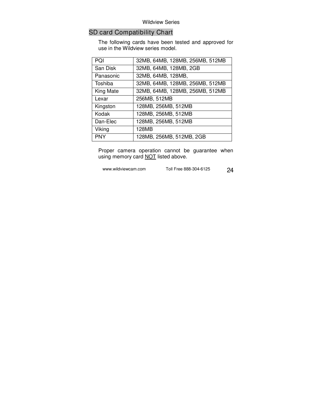 Radio Shack STC-TGL4M, STC-TGL2M, STC-TGL5M user manual SD card Compatibility Chart, Pqi 