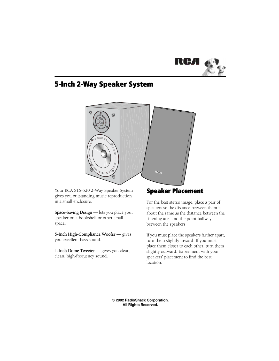 Radio Shack STS-520 manual Inch 2-Way Speaker System, Speaker Placement 