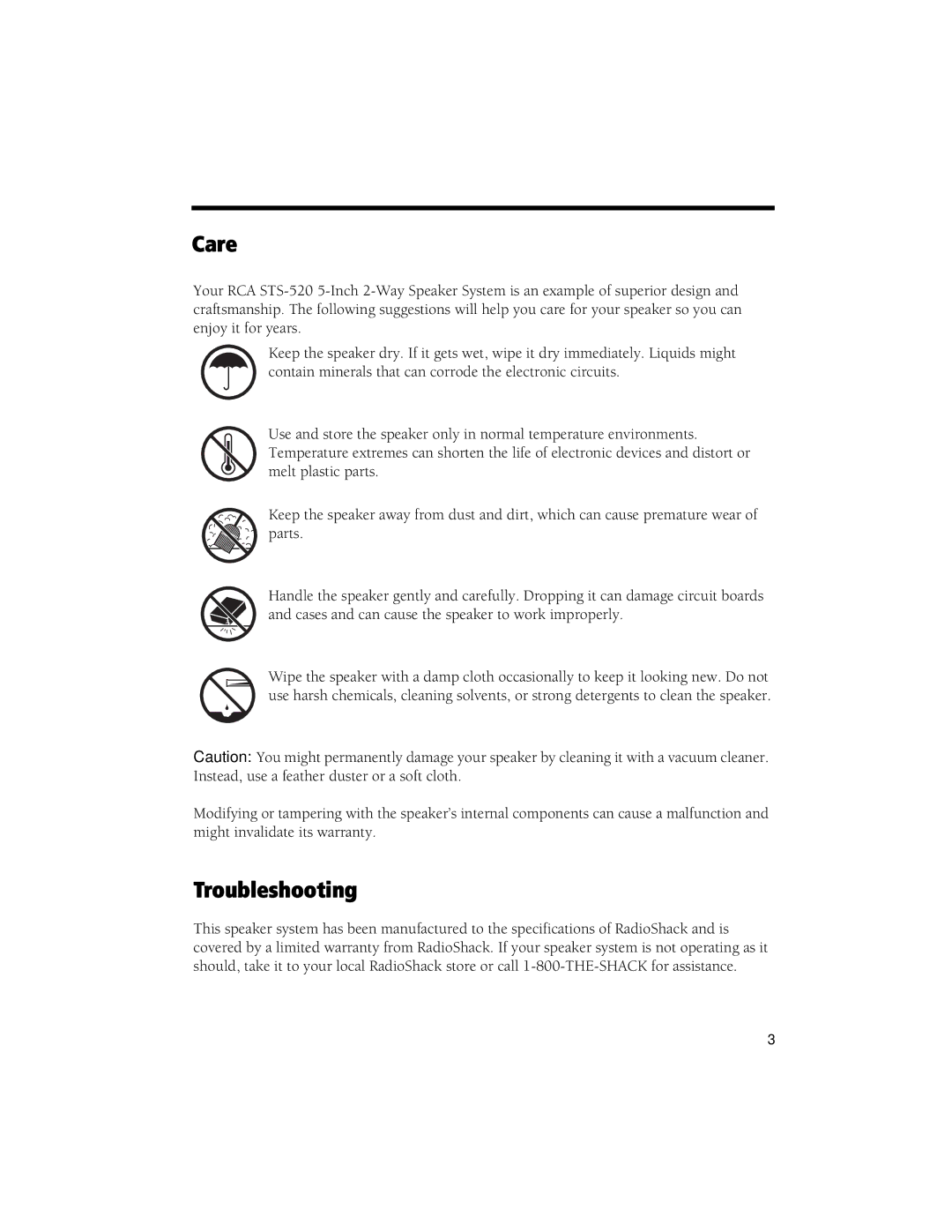 Radio Shack STS-520 manual Care, Troubleshooting 