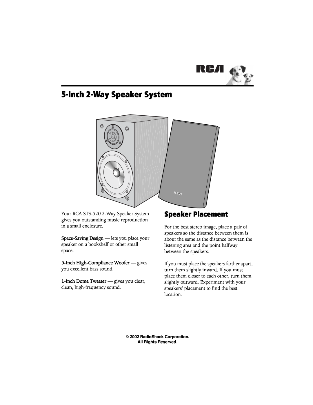 Radio Shack STS-520 manual Speaker Placement, Inch 2-WaySpeaker System 