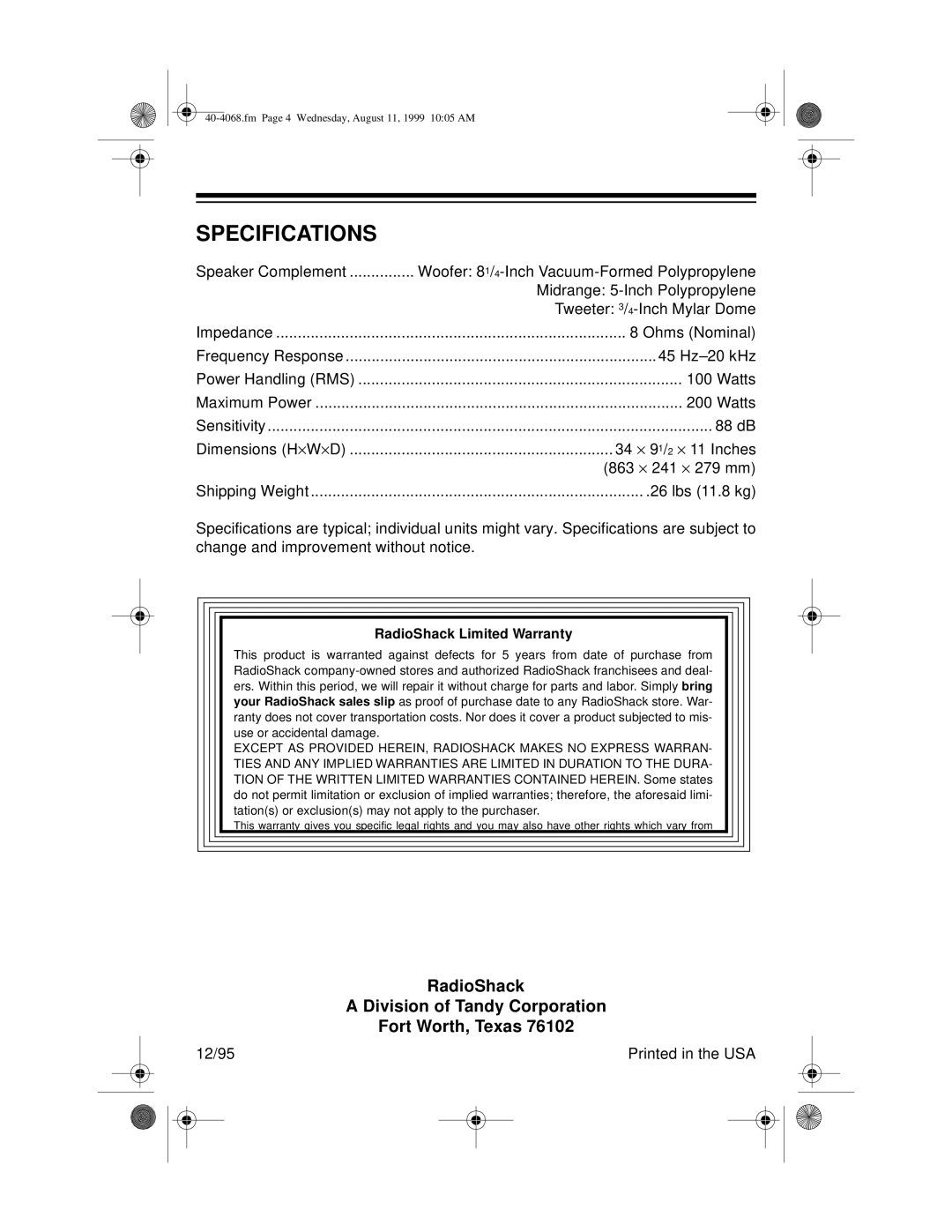 Radio Shack STS 800 manual Specifications, RadioShack Limited Warranty 