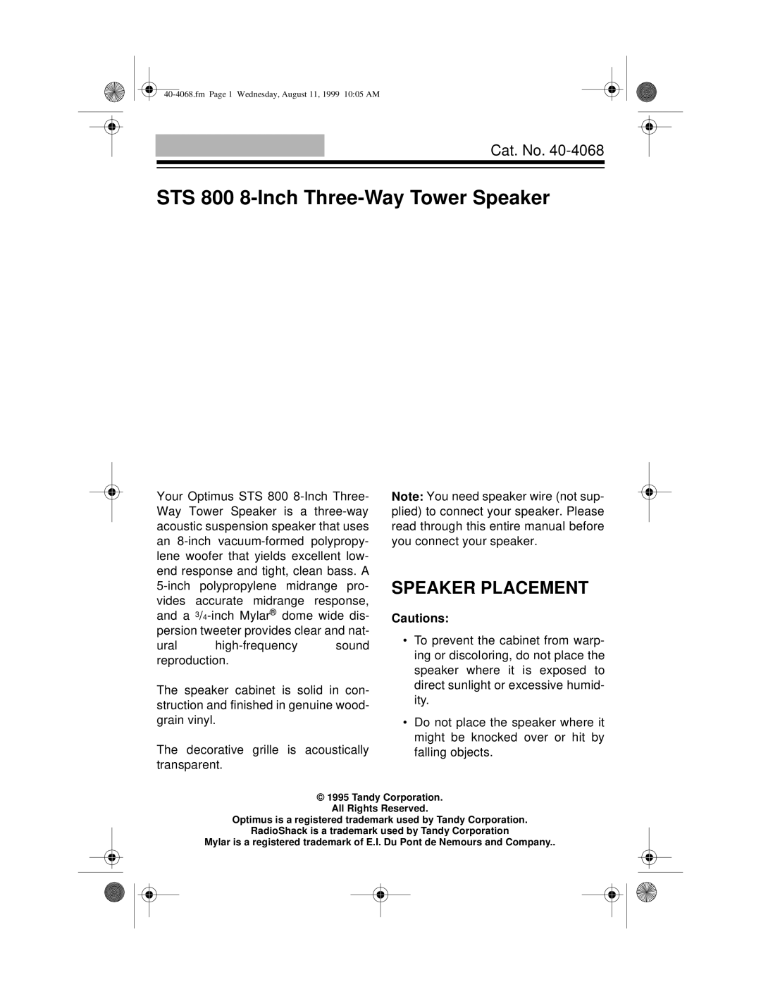 Radio Shack manual Speaker Placement, Cautions, STS 800 8-Inch Three-WayTower Speaker, Cat. No 