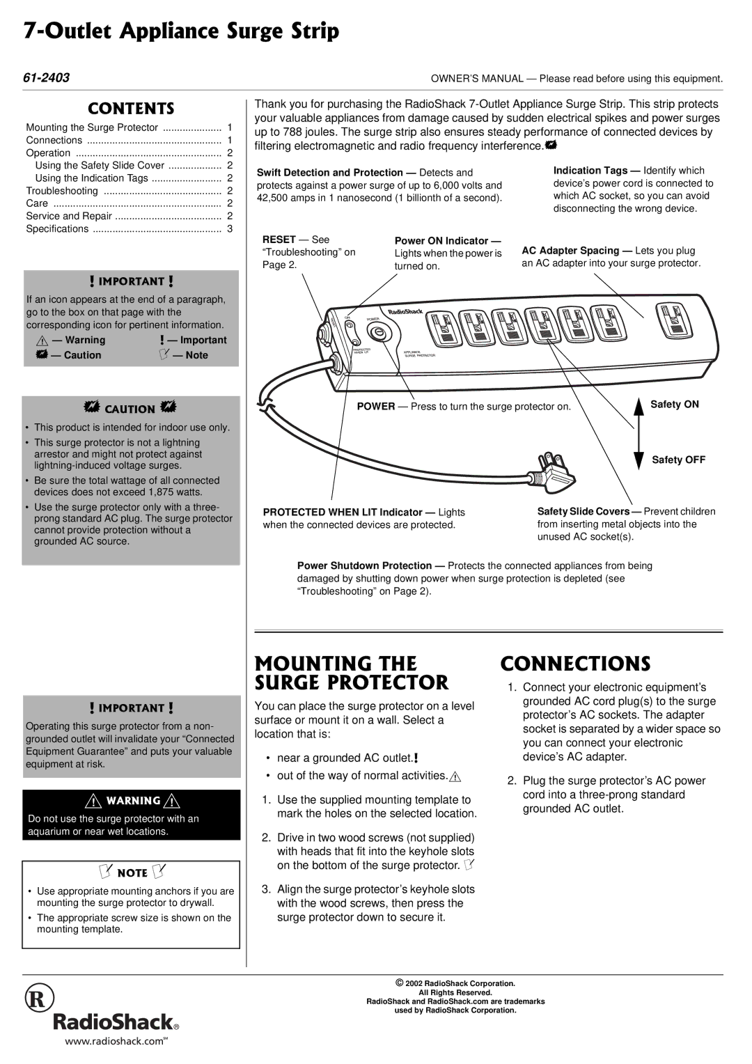 Radio Shack Surge Protector owner manual 1706+06* 5742416%614, 100%6+105 