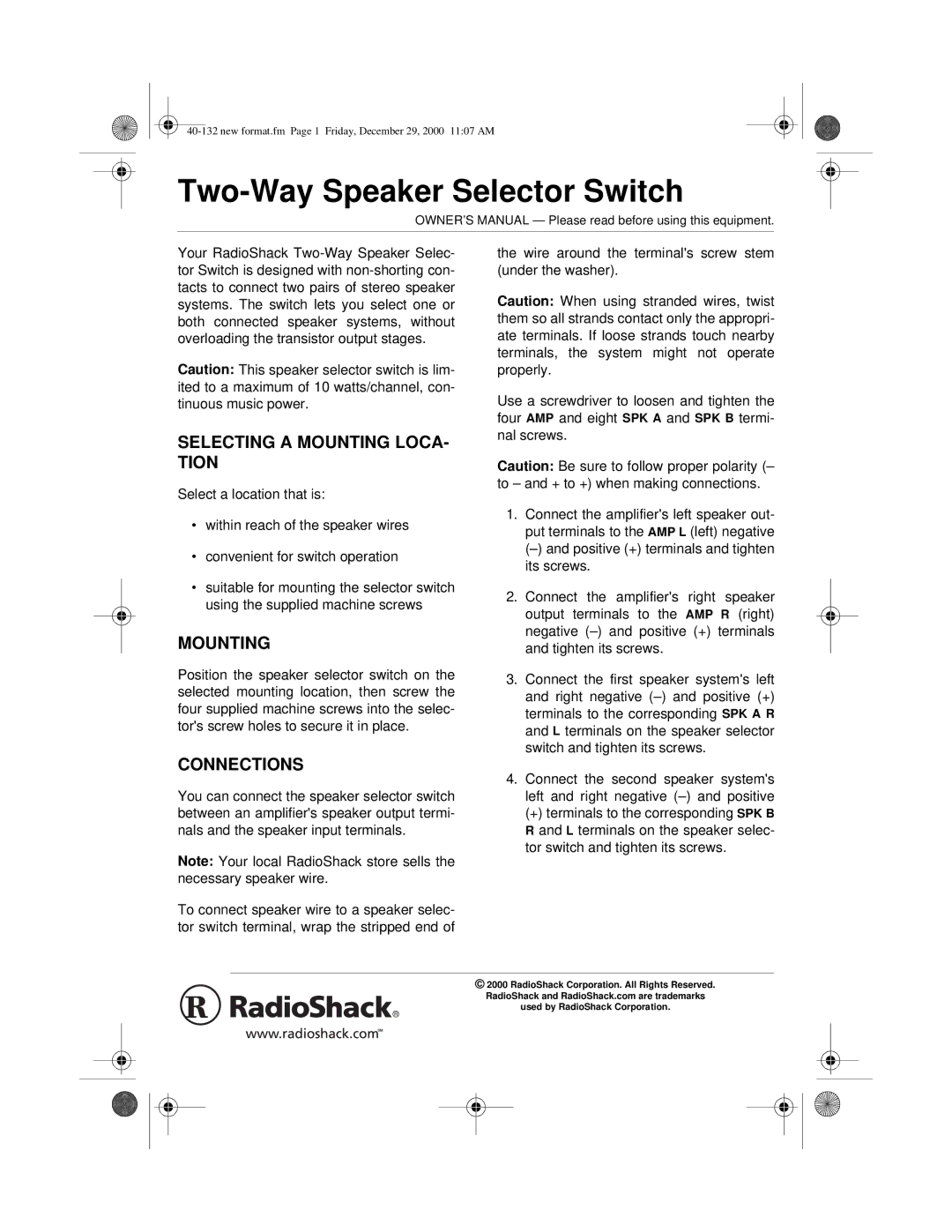 Radio Shack owner manual Two-Way Speaker Selector Switch, Selecting a Mounting LOCA- Tion, Connections 