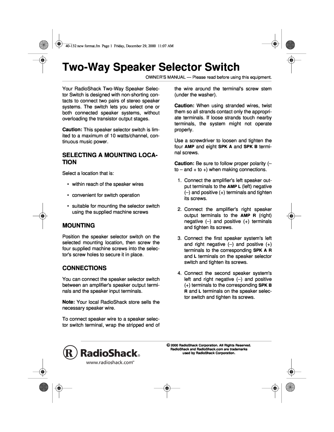 Radio Shack owner manual Selecting A Mounting Loca- Tion, Connections, Two-Way Speaker Selector Switch 