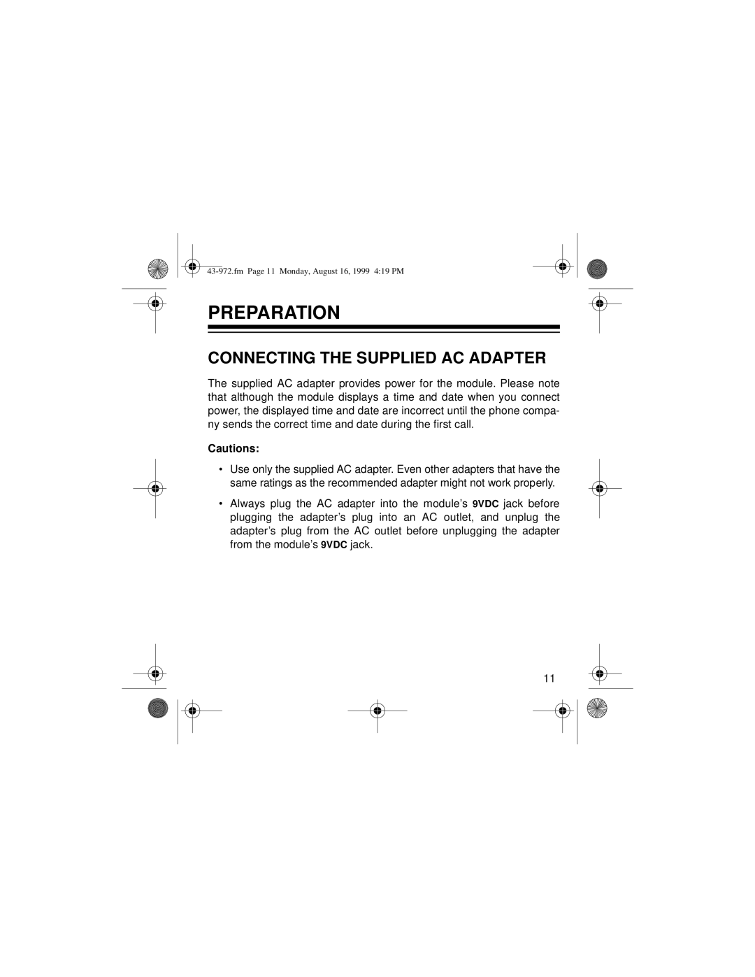 Radio Shack SYSTEM 2000 owner manual Preparation, Connecting the Supplied AC Adapter 