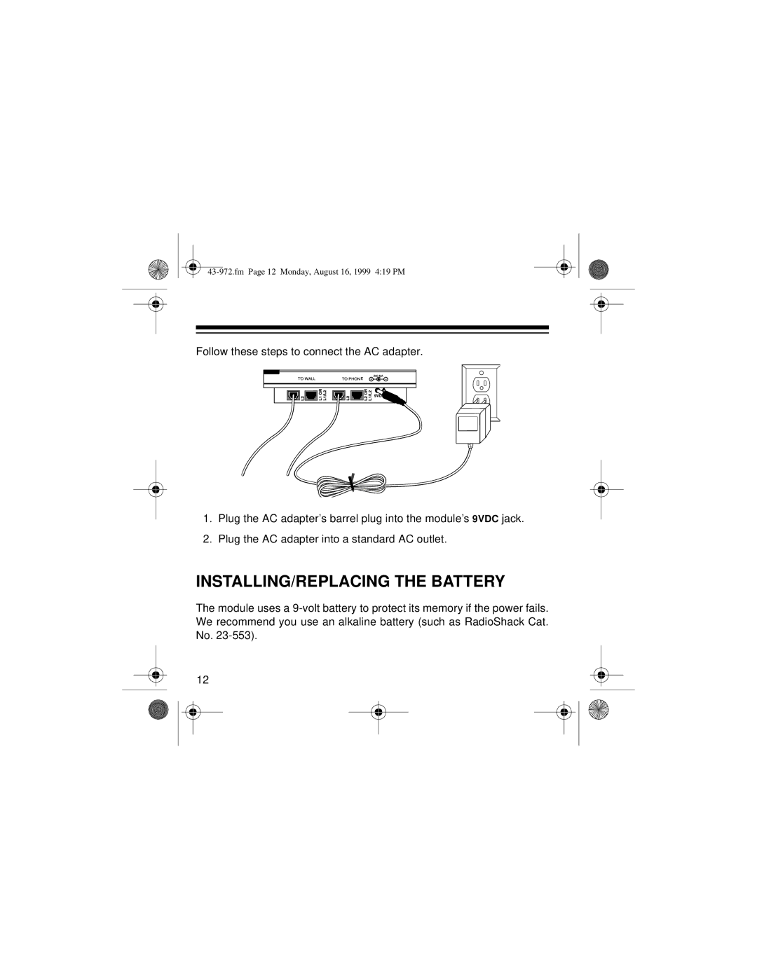 Radio Shack SYSTEM 2000 owner manual INSTALLING/REPLACING the Battery 