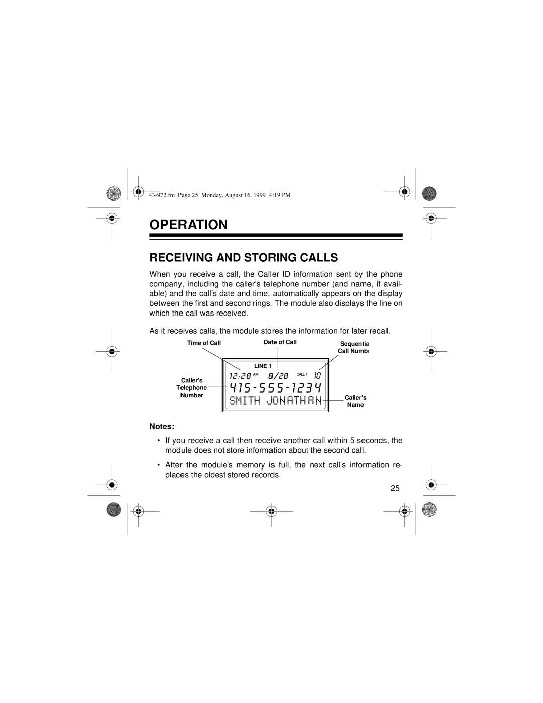 Radio Shack SYSTEM 2000 owner manual Operation, Receiving and Storing Calls 