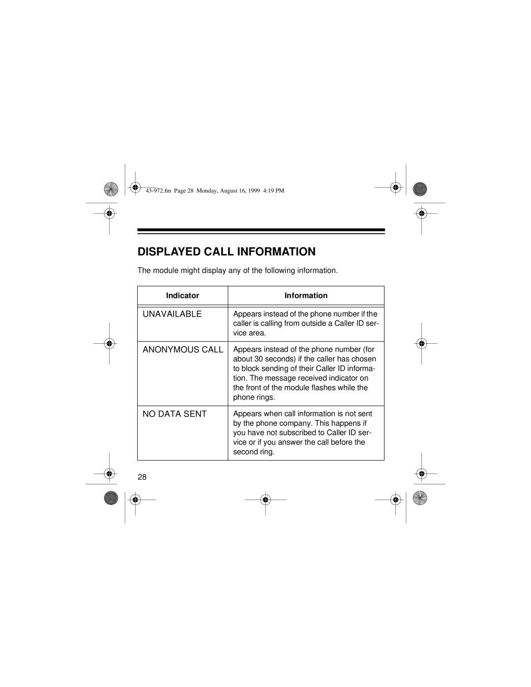 Radio Shack SYSTEM 2000 owner manual Displayed Call Information, Unavailable 