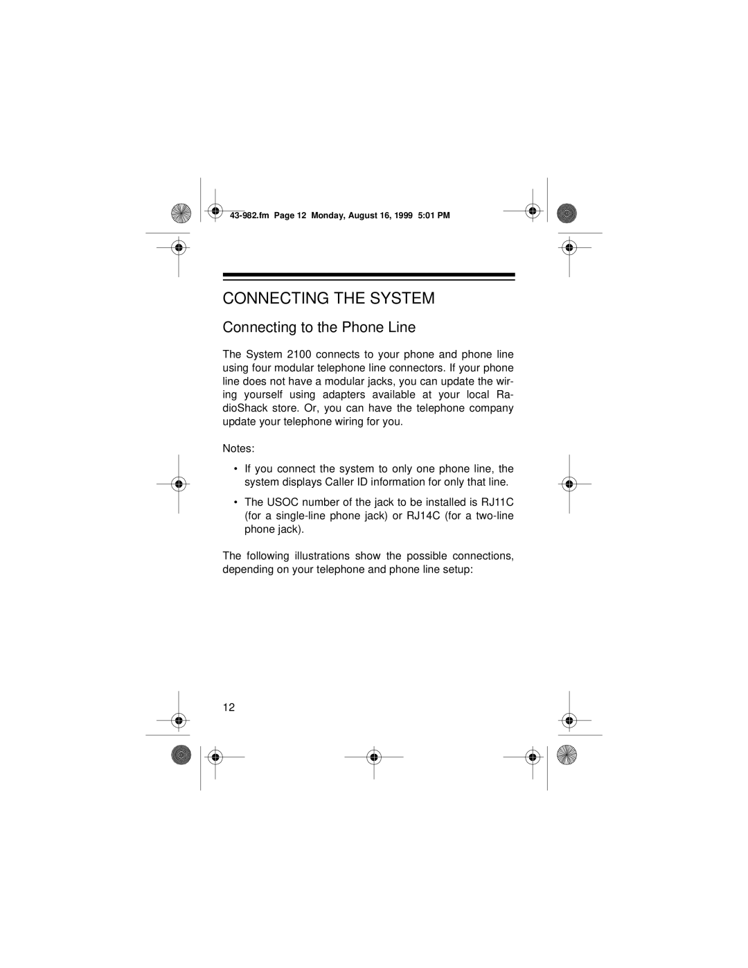 Radio Shack SYSTEM 2100 owner manual Connecting the System, Connecting to the Phone Line 