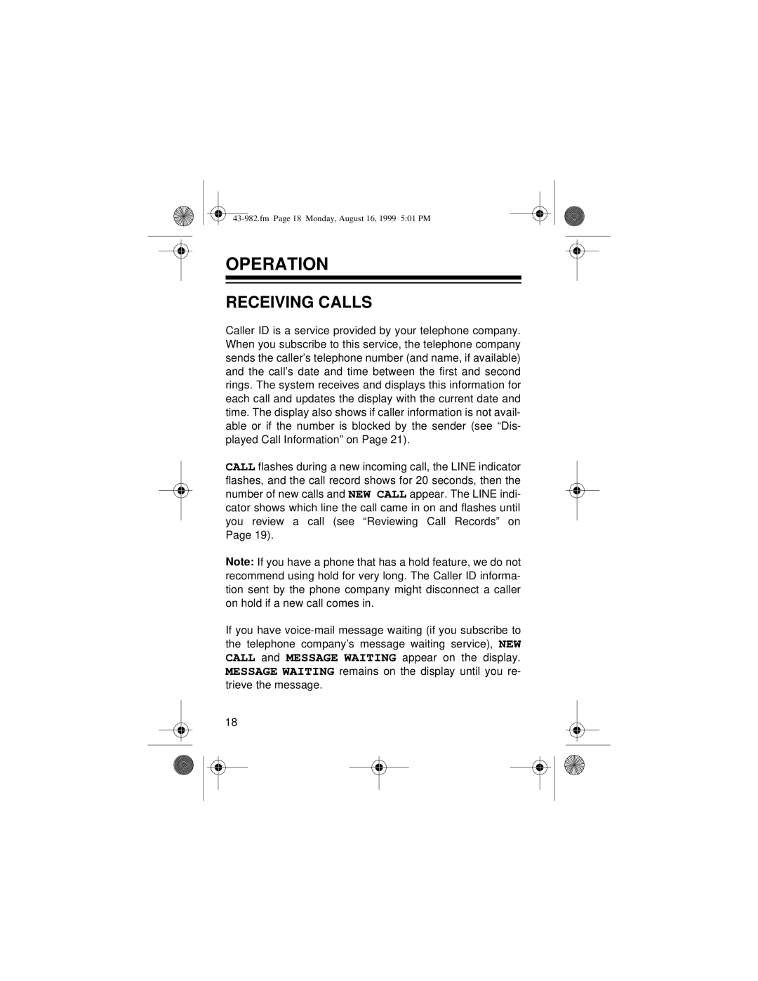 Radio Shack SYSTEM 2100 owner manual Operation, Receiving Calls 