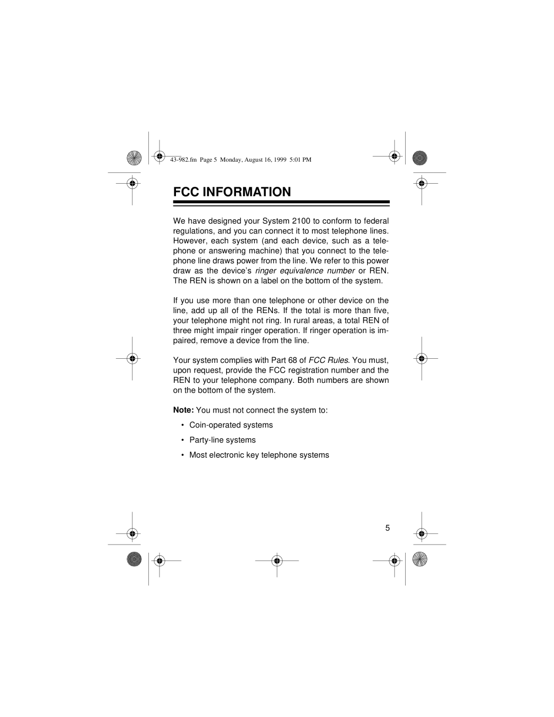 Radio Shack SYSTEM 2100 owner manual FCC Information 