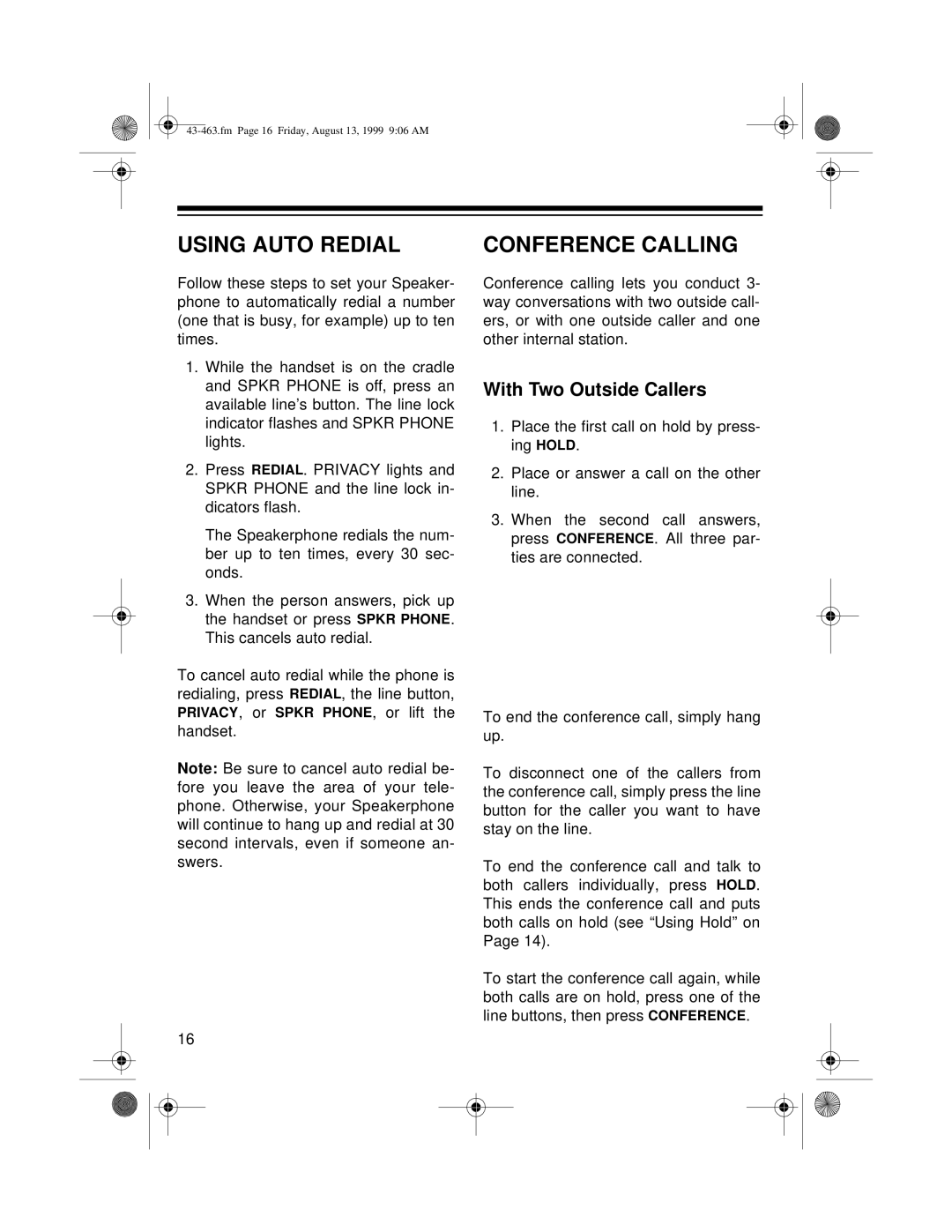 Radio Shack SYSTEM 212 owner manual Using Auto Redial, Conference Calling, With Two Outside Callers 