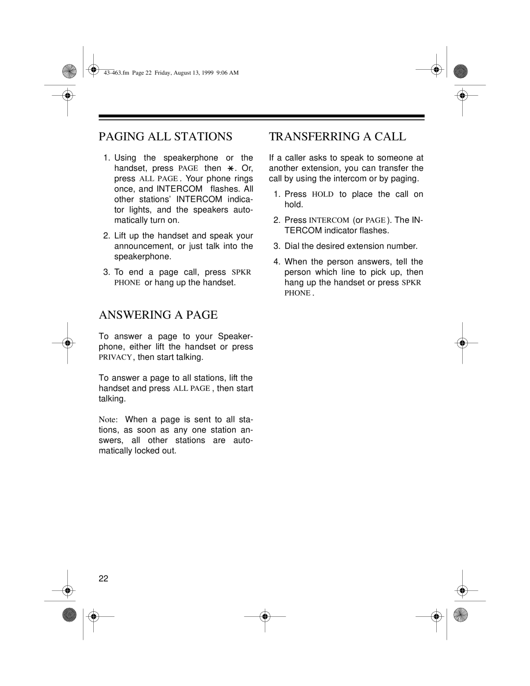 Radio Shack SYSTEM 212 owner manual Paging ALL Stations, Answering a, Transferring a Call 