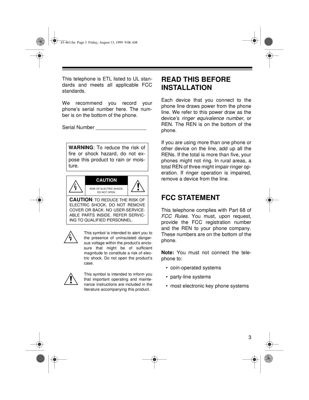 Radio Shack SYSTEM 212 owner manual Read this Before Installation, FCC Statement 