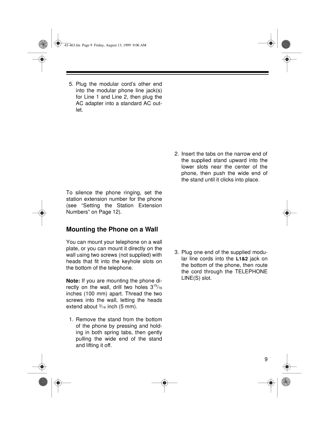 Radio Shack SYSTEM 212 owner manual Mounting the Phone on a Wall 