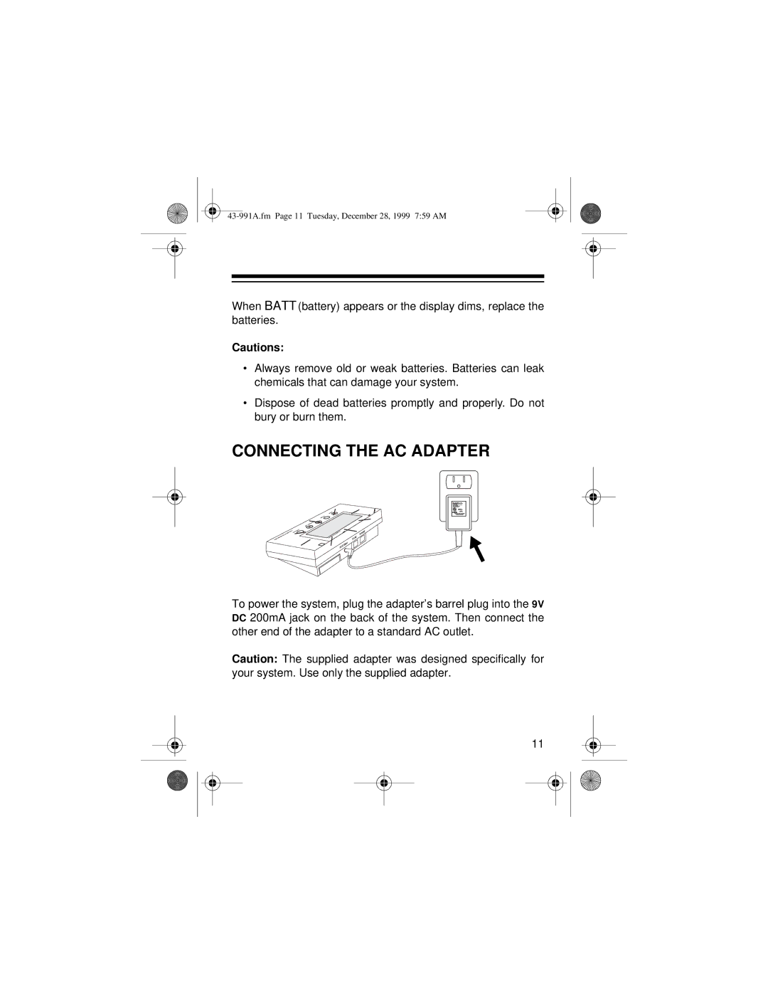 Radio Shack System 350 owner manual Connecting the AC Adapter 