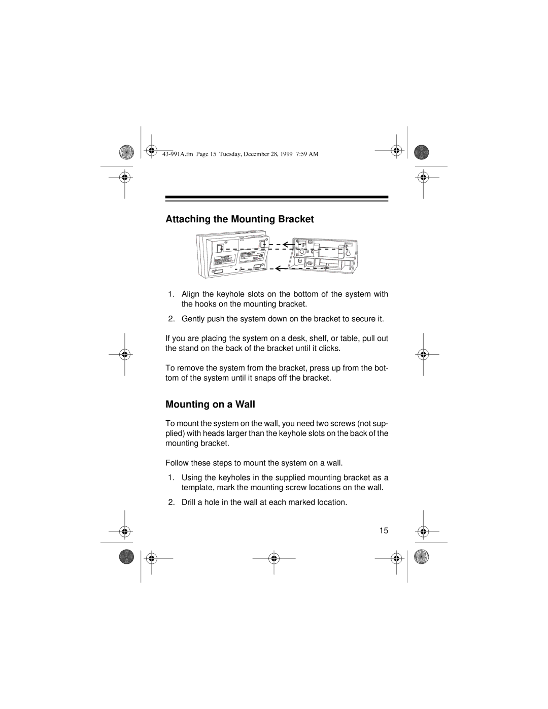 Radio Shack System 350 owner manual Attaching the Mounting Bracket, Mounting on a Wall 