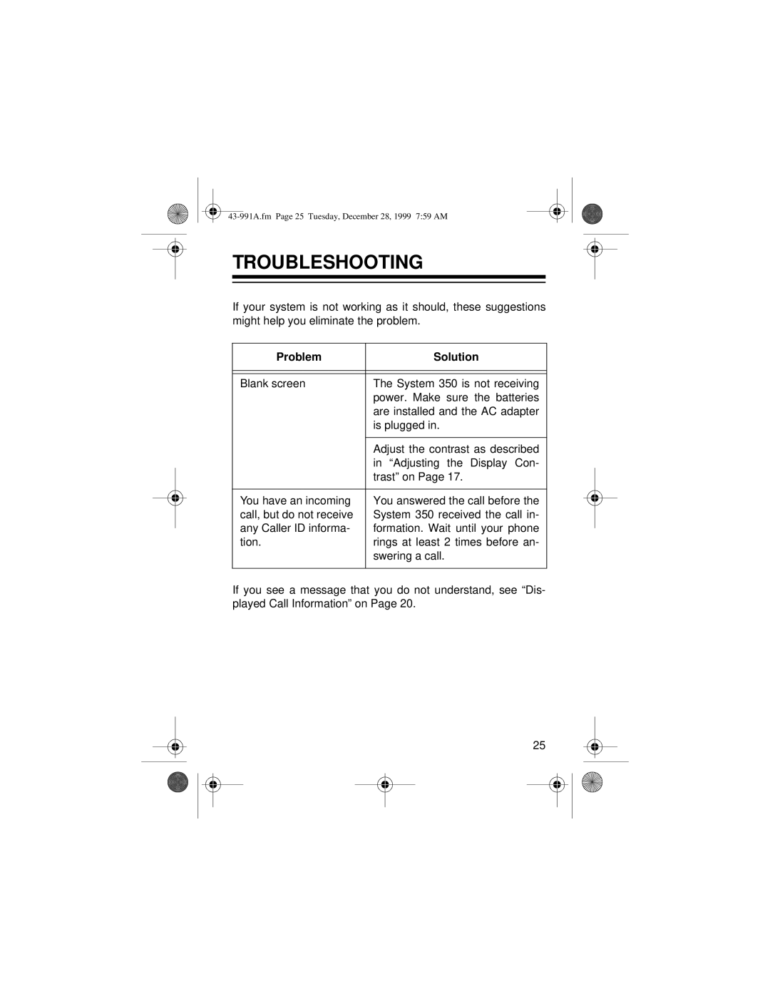 Radio Shack System 350 owner manual Troubleshooting, Problem Solution 