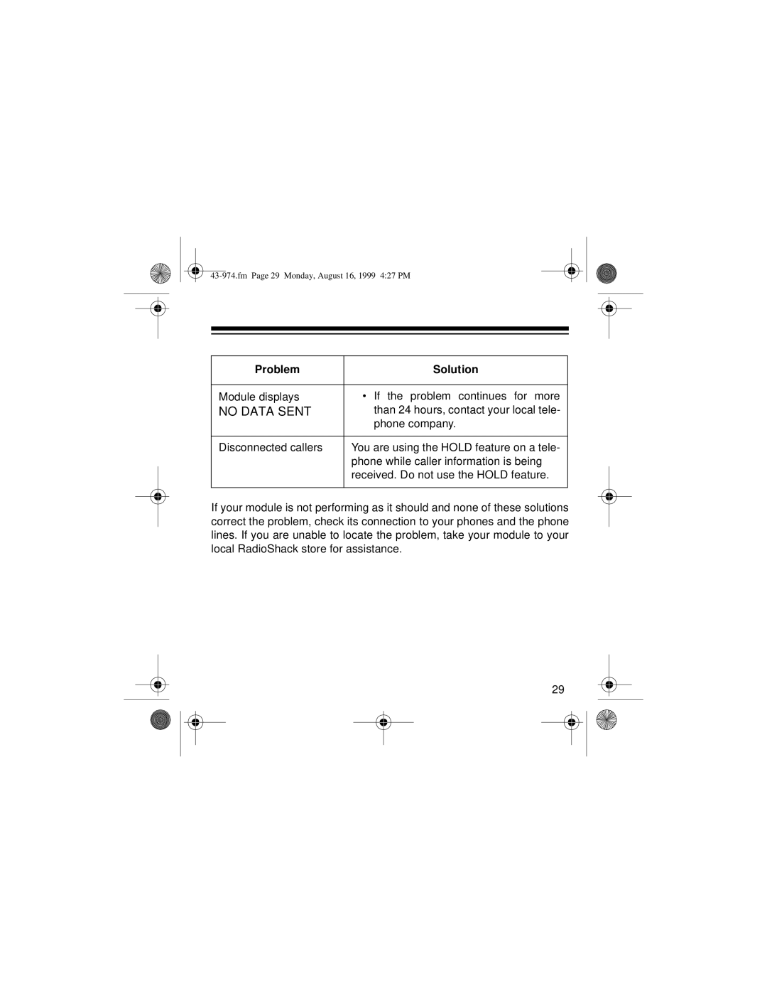 Radio Shack SYSTEM 440 owner manual Module displays If the problem continues for more 