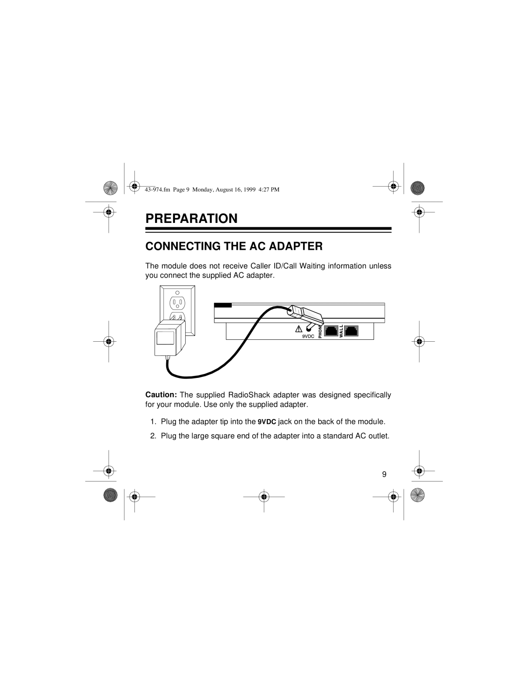 Radio Shack SYSTEM 440 owner manual Preparation, Connecting the AC Adapter 